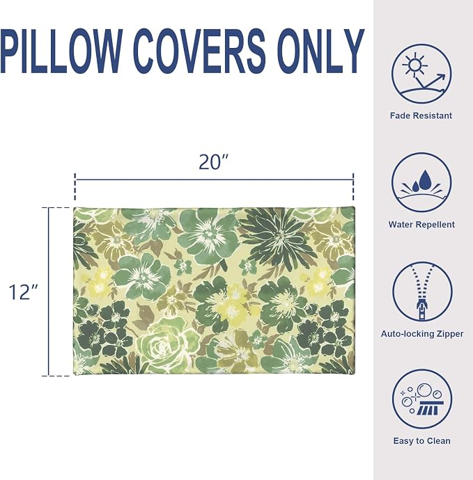 12x20 Inch Outdoor Lumbar Pillow Covers Pack of 2, All Weather Cushion Pillow Cases, Pillowcase for Patio Couch Decoration, Green Rose