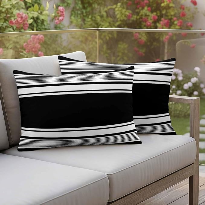 Vandarllin Outdoor Throw Pillows Covers 20x12 inch Set of 2 Waterproof Black Stripes Decorative Zippered Cushion Covers for Patio Furniture, Striped Lines Lumbar Pillowcases