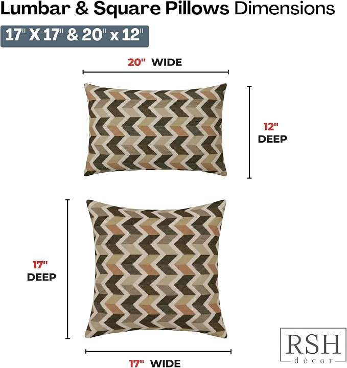 RSH DECOR: Sunbrella Lumbar & Square Pillows Set of 4 | 20" x 12" & 17" x 17" | Water and Fade-Resistant Performance Fabric | Outdoor Throw Pillows for Patio Furniture | Made in USA (Prism Fossil)