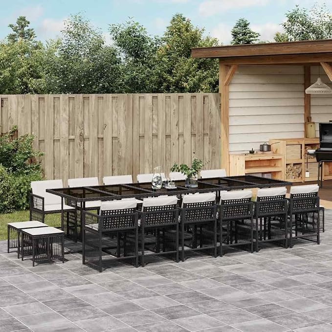 17 Piece Garden Dining Set Black Poly Rattan Patio Furniture Set with Rectangular Table 12 Foldable Chairs 4 Stools and Cushions for Outdoor Backyard Terrace