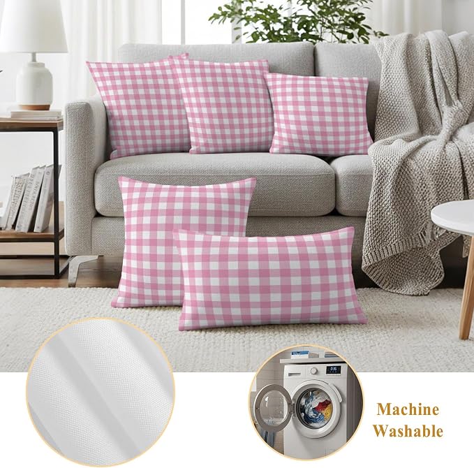 Rose Pink Checks Outdoor Pillow Covers 20"x12" Set of 2, Gingham Plaid Abstract Modern Minimalist Waterproof Throw Pillow Covers for Patio Furniture, Decorative Cushion Covers for Porch