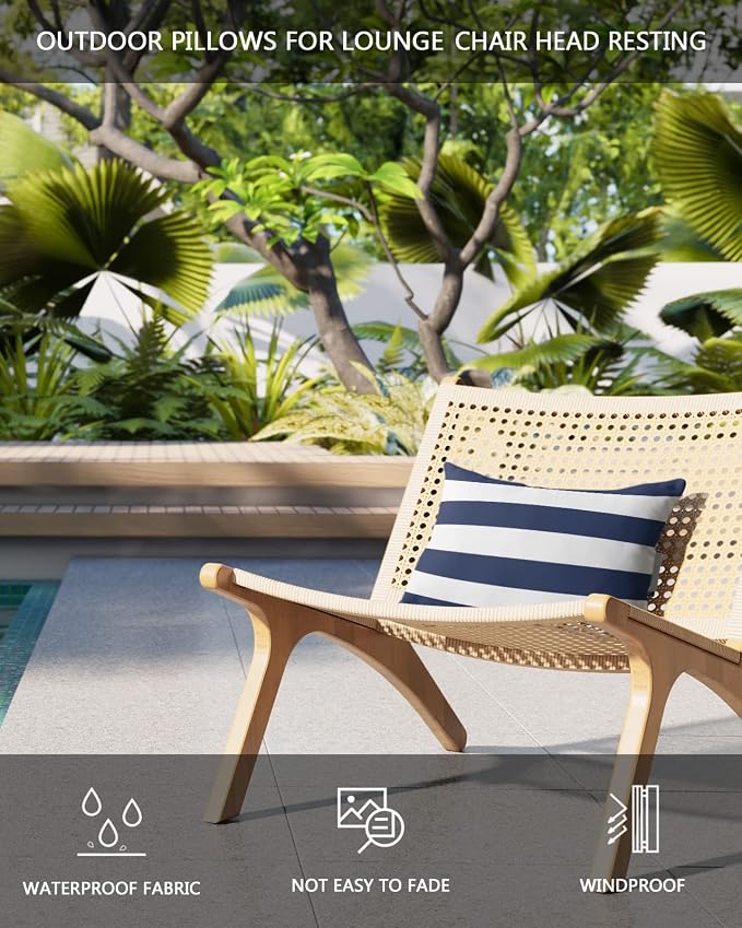 Navy and White Striped Outdoor Pillows with Insert Waterproof Classic Navy Blue White Patio Pillows with Adjustable Strap Rectangle Head Recliner Lounger Chair Throw for Patio Furnitures, 1 Pack