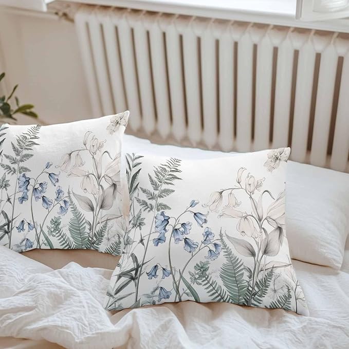 Throw Pillow Covers 18x18 Inch Set of 2, Blue Beige Floral Waterproof Outdoor Pillow Covers, Farmhouse Botanical Decorative Cushion Pillowcases for Couch, Sofa, Bed, Garden, Patio