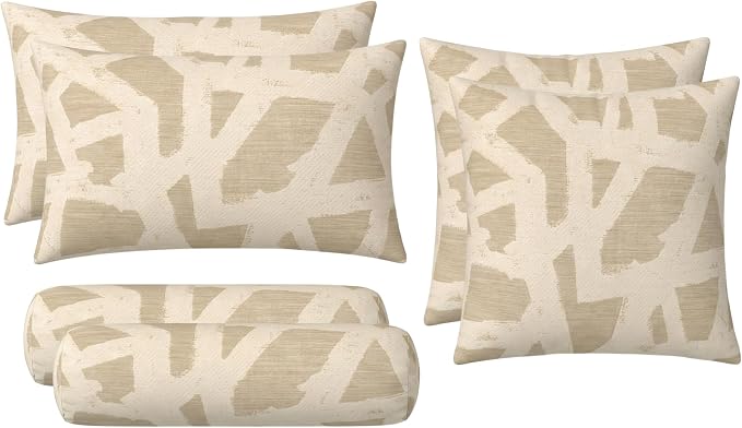RSH DECOR: 6-Pack Pillow Set | Sunbrella Performance Fabric |Water & Fade-Resistant| 17" Square, 20"x12" Lumbar, 20"x6" Neck Roll | Outdoor Pillows for Patio Furniture | Made in USA (Draft Parchment)