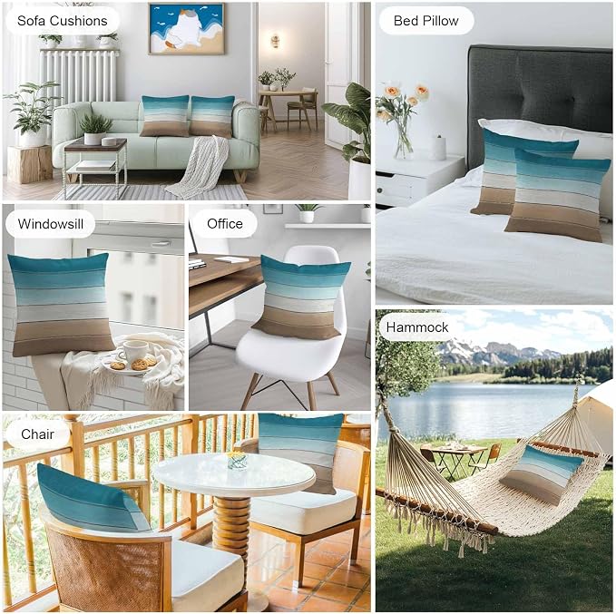 Turquoise Brown Outdoor Pillow Covers 16x16 Inch Throw Pillow Covers Set of 2 Waterproof Decorative Pillow Cases Farmhouse Retro Wooden Grain Striped Cushion Covers for Patio Furniture Garden Couch
