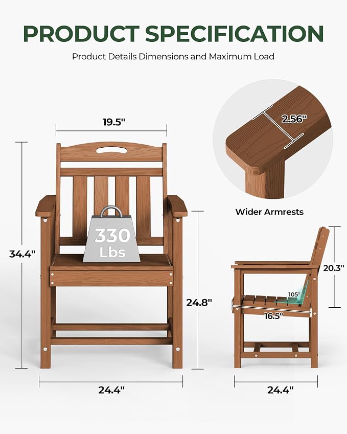 Set of 2 Weatherproof Patio Chairs - HDPE Outdoor Dining Chairs with Wide Seat, Ergonomic Design - for Garden, Backyard, Deck - Teak