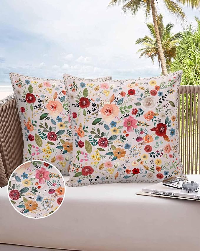 Vandarllin Outdoor Throw Pillows Covers 18x18 inch Set of 2 Waterproof Pink Floral Decorative Zippered Cushion Covers for Patio Furniture, Farmhouse Vintage Flower Lumbar Pillowcases