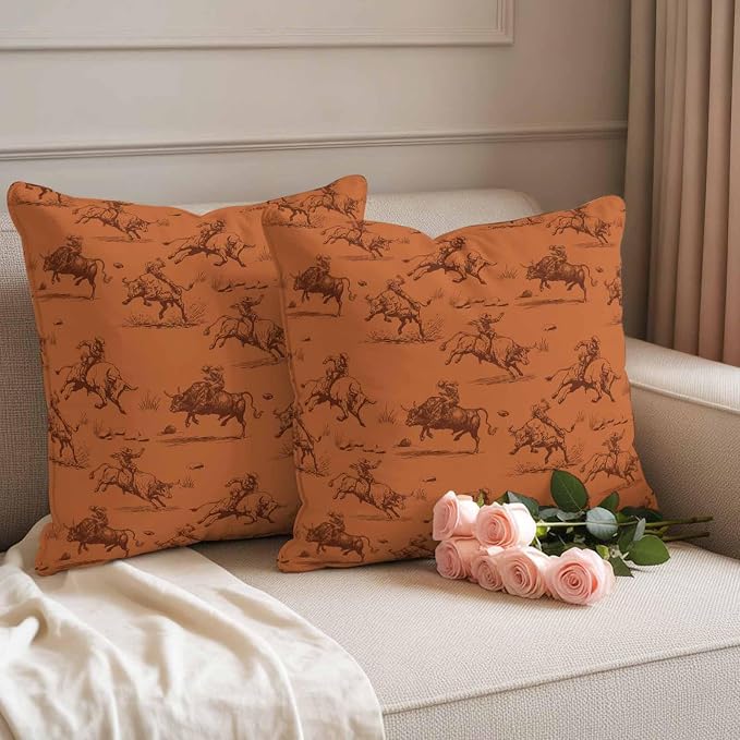 Western Cowboys Outdoor Pillow Covers Waterproof, All Weather Cushion Case Set of 2, Orange Vintage Country Nature Scenery Decorative Pillowcases for Sofa Couch Bed Decor Patio Furniture 20"x20"