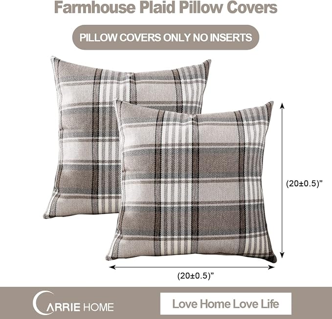 Brown Plaid Farmhouse Checkered Throw Pillow Cover 20x20 for Bed Couch Sofa | Set of 2, Fall Winter Pillow Covers 20 x 20, Cottage Core Decor, Retro Accent Pillow Covers, Khaki Gingham Striped, No Insert