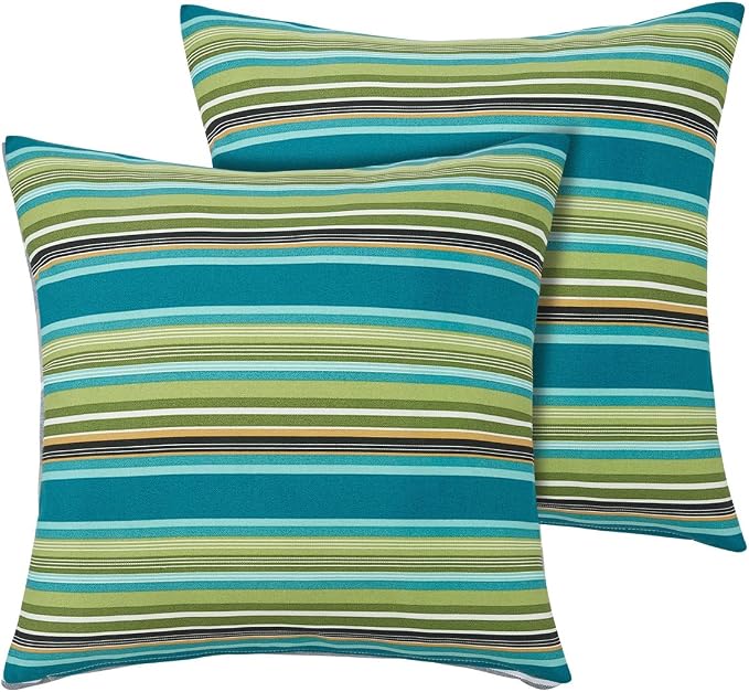FUNHOME Outdoor Throw Pillows with Insert 18x18 Inch Pack of 2-Green Stripe | Decorative Throw Pillows with Inserts, Water-Repellent, Square Pillows for Bed, Couch, Sofa and Patio Furniture