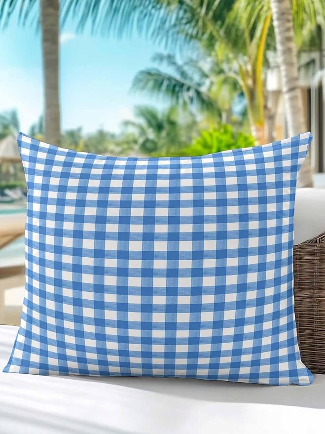 Outdoor Waterproof Throw Pillows Light Blue Gingham Check Patio Pillows,Decorative Pillow Covers with Insert,Pillow Cushion Case for Garden Couch Sofa Country Classic Plaid
