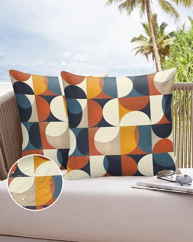 Vandarllin Outdoor Throw Pillows Covers 18x18 inch Set of 2 Waterproof Mid Century Geometric Decorative Zippered Cushion Covers for Patio Furniture, Abstract Modern Lumbar Pillowcases