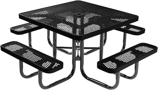 COATEDOUTDOORFURNITURE Heavy-Duty Portable Outdoor Picnic Table with Umbrella Hole, Expanded Metal Commercial-Grade Patio Dining Furniture Made in America (46" Square Top, Textured Black)