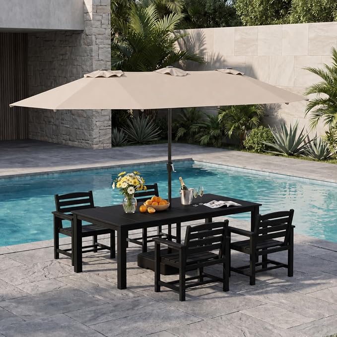 HDPE 5-Piece Outdoor Dining Set with 15FT Umbrella, White | All-Weather Patio Table and Chairs for 4, Fade-Resistant Patio Furniture Dining Set for Lawn, Garden, Deck, Backyard