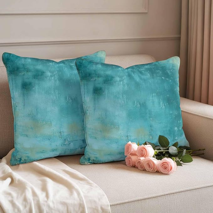 Teal Outdoor Waterproof Pillow Covers, Vintage Oil Painting Decorative Square Throw Pillowcase, Modern Abstract Art Sofa Cushion Sham for Patio/Couch/Chair, 18"x18" 2 Pack