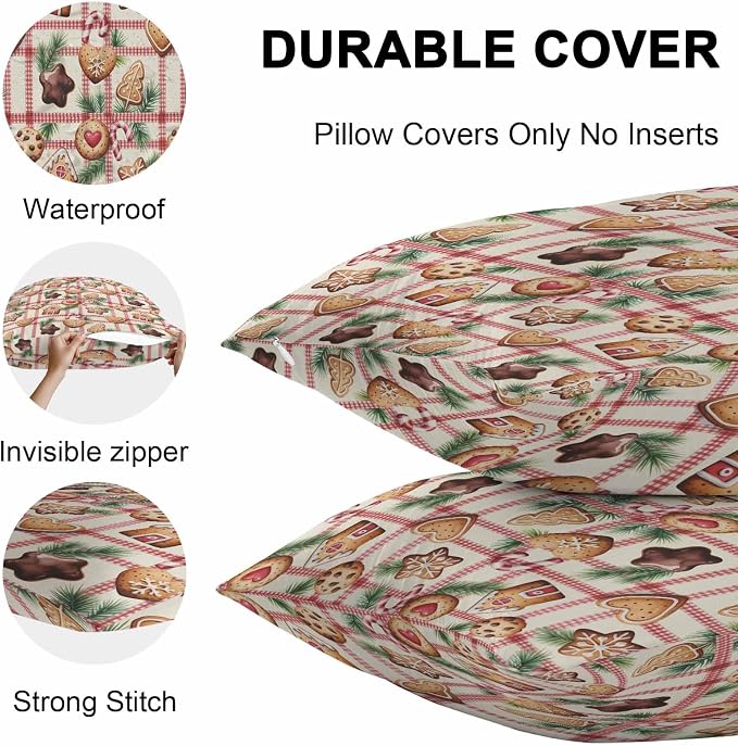 Outdoor Waterproof Throw Pillow Covers, Christmas Cartoon Gingerbread Man Plaid Candy Canes Pine Leaves House Pillowcases Cushion Covers Cases for Patio Couch Bench, Pack of 2 Square, 16X16 Inch