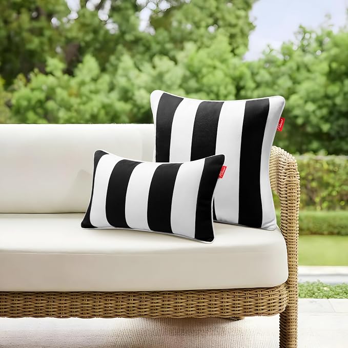 Pack of 2 Outdoor Lumbar Pillows,20x12 Inch All-Weather Water-Resistant Patio Pillows with Inserts,Decorative Pillows for Patio Furniture,Couch,Sofa,Poolside,Black White