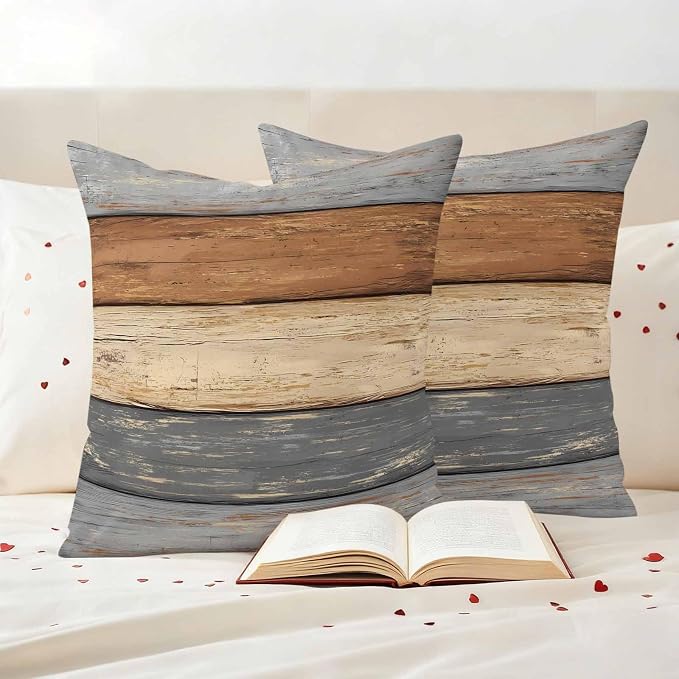 Farmhouse Haze Blue Brown Outdoor Waterproof Pillow Covers, Vintage Wooden Striped Decorative Square Throw Pillowcase Sofa Cushion Sham for Patio/Couch/Chair, 18"x18" 2 Pack