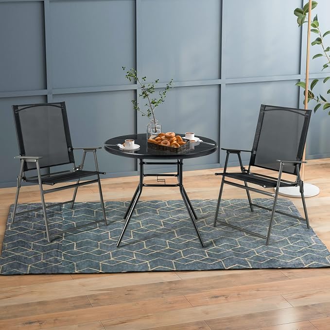 Tangkula 34 Inch Patio Dining Table, Round Tempered Glass Table with 1.5” Umbrella Hole, Heavy-Duty Metal Frame, Outdoor Metal Dining Table for Garden, Balcony, Porch