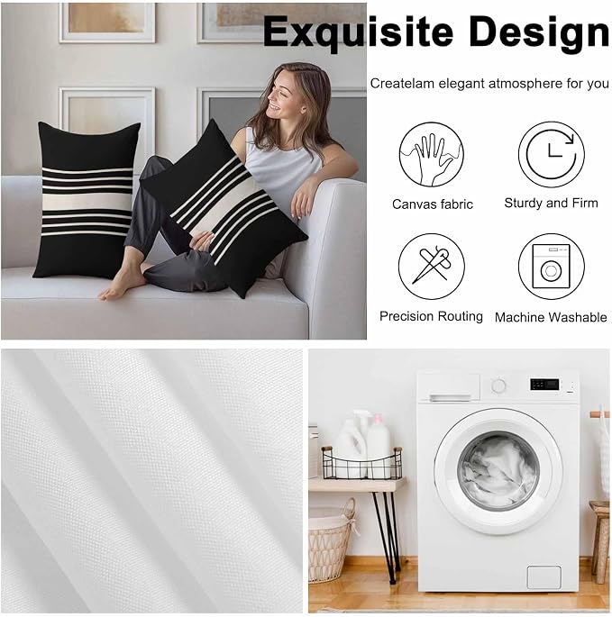 Lumbar Pillow Covers 20x12 Inch Set of 2, Black Beige Striped Waterproof Outdoor Cushion Covers, Modern Farmhouse Retro Lines Decorative Pillowcases for Couch, Sofa, Bed, Garden, Patio