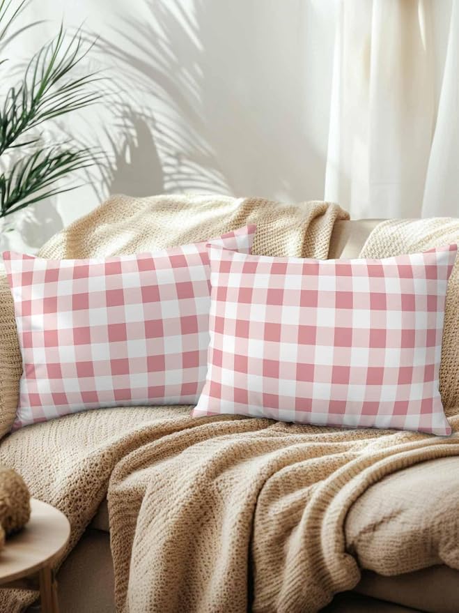 Waterproof Outdoor Pillow Set of 2 Pink Buffalo Plaid Decorative Throw Pillows Cover & Insert 20x12 Inch Lumbar Pillowcase Check Lines Pillows for Couch Sofa Bed Patio Furniture Indoor Outdoor