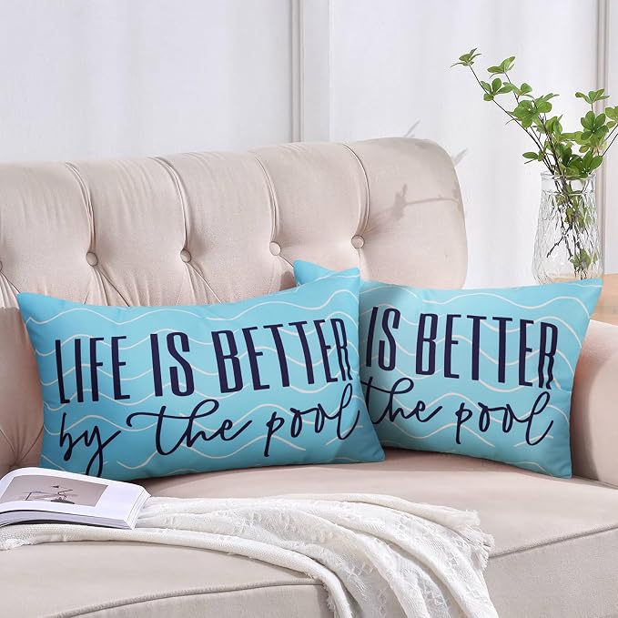 Adabana Outdoor Waterproof Lumbar Pillow Covers 12x20 Inch, Life is Better | Blue Decor Waterproof Pillow Cover Set of 2 for Patio, Porch, Garden Furniture,Life is Better by The Pool