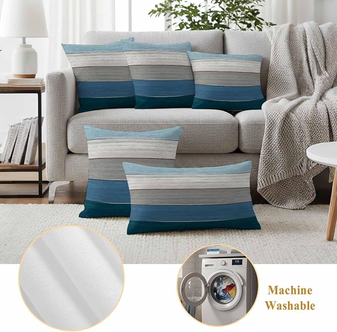 Outdoor Throw Pillow Covers 18X18 Set of 2 Waterproof Ombre Blue Gray Decorative Zippered Cushion Covers for Patio Furniture, Farmhouse Retro Rustic Barn Wood Texture Lumbar Pillowcases Ocean Hues