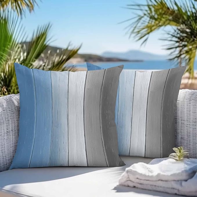 Throw Pillow Covers 24x24 Inch Set of 2, Blue Gray Ombre Waterproof Outdoor Cushion Covers, Vintage Country Wooden Decorative Pillowcases for Couch, Sofa, Bed, Garden, Patio