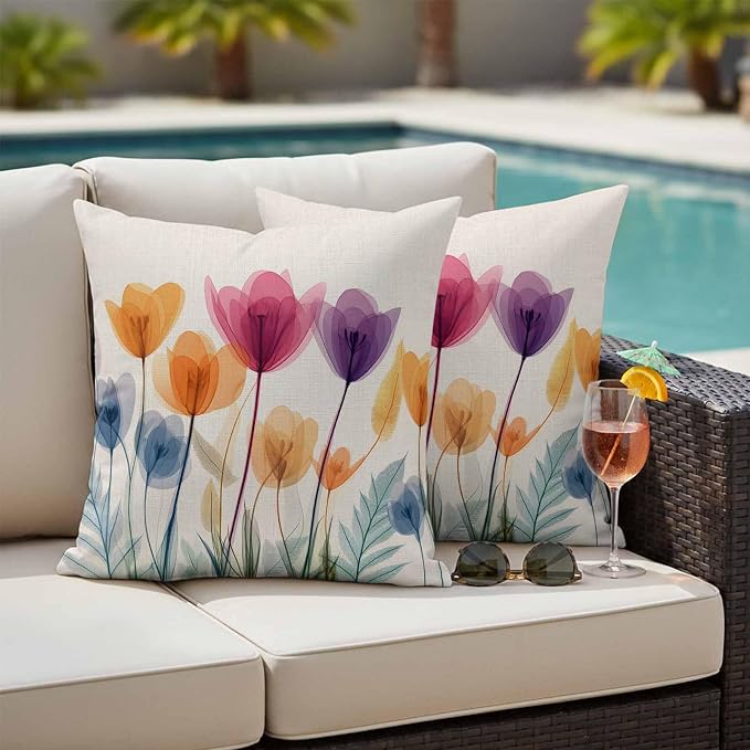 Spring Outdoor Waterproof Throw Pillow Covers Set of 2, 26"x26", Floral Cartoon Multicolor Tulips Leaf Retro Decorative Pillow Covers Outside Cushion Case for Patio Porch Garden