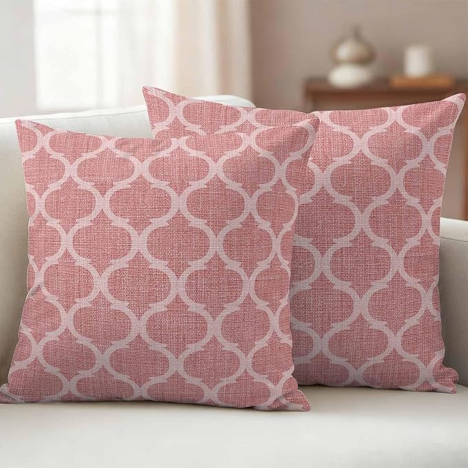 Coral Pink Morocco Outdoor Pillow Covers 16x16 Inch Throw Pillow Covers Set of 2 Waterproof Decorative Pillow Cases Vintage Geometric Plaid Mahbudium Cushion Covers for Patio Furniture Garden Couch