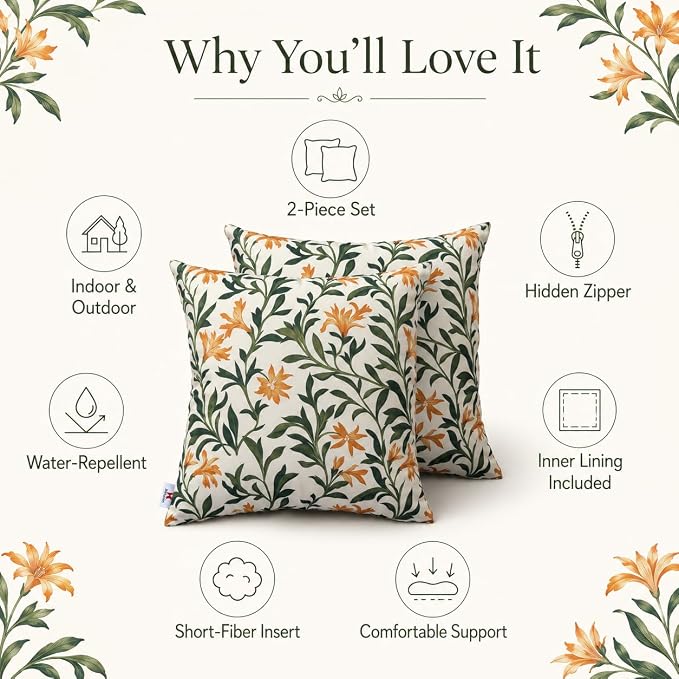 Outdoor Throw Pillows 18×18 Inch Waterproof Pillows with Inserts | Pack of 2 Fade Resistant Decorative Throw Pillows Outdoor Square Pillows for Garden Couch Sofa Patio Furniture