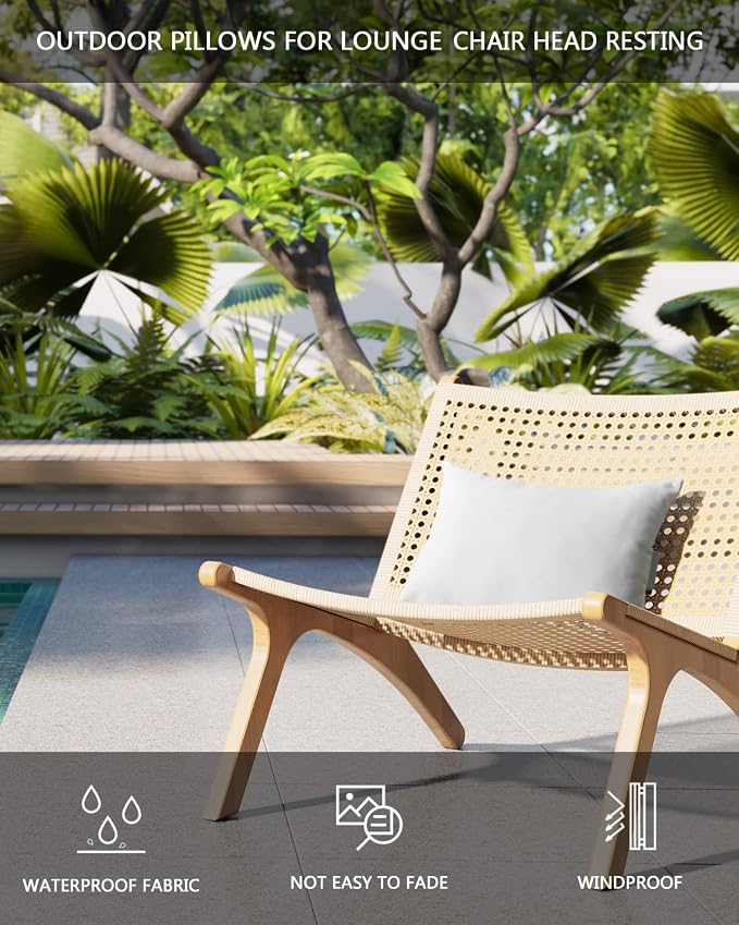 Outdoor Pillow for Lounge Chair with Strap & Insert Pure White Recliner Head Pillow Solid Color Waterproof Headrest Patio Lumbar Pillows for Beach Pool Office Chaise Chair 11x16 Inch