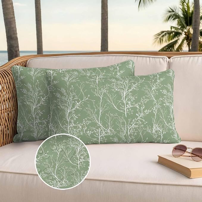 Sage Green Branches Waterproof Outdoor Pillow Covers Set of 2 Home Decor, Abstract Art Leaves Plant Lumbar Pillowcase Patio Pillow Covers for Couch Bench Patio Furniture Garden 20x12in