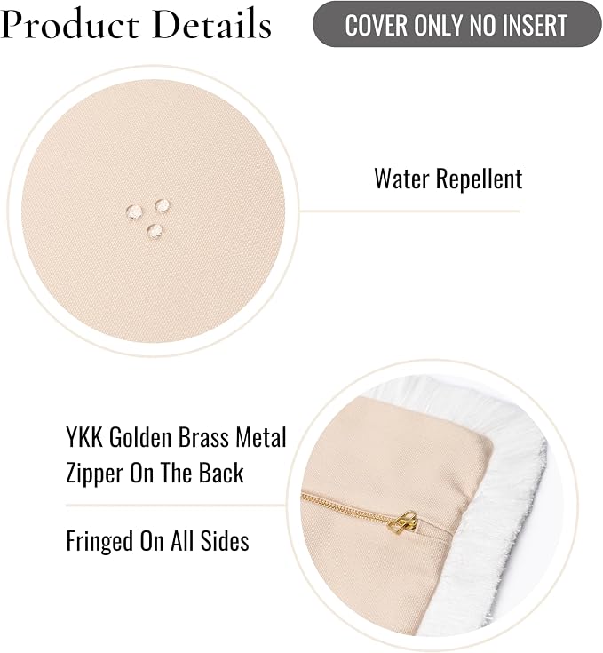Hofdeco Premium Coastal Hampton Patio Indoor Outdoor Throw Pillow Cover Only, 22"x22" Water Repellent for Backyard, Couch, Poolside, Neutral Tan Print Solid