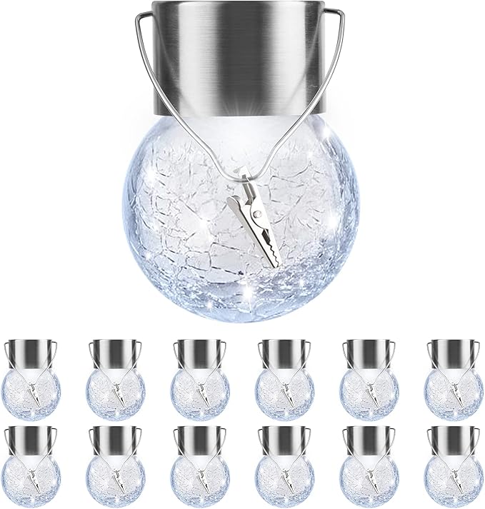 12 Pack Hanging Solar Lights Outdoor, Waterproof Solar Globe Lantern with Handle and Clip, Decorative Cracked Glass Ball Lights for Christmas Decor, Tree, Yard, Garden, Patio (Cold White)