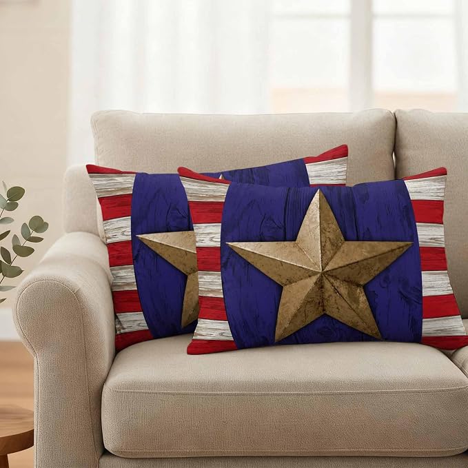 4th of July Outdoor Throw Pillows Covers 20x12 inch Set of 2 Waterproof Patriotic Stars Stripes Decorative Zippered Cushion Covers for Patio Furniture, Red White Blue Wood Grain Lumbar Pillowcases