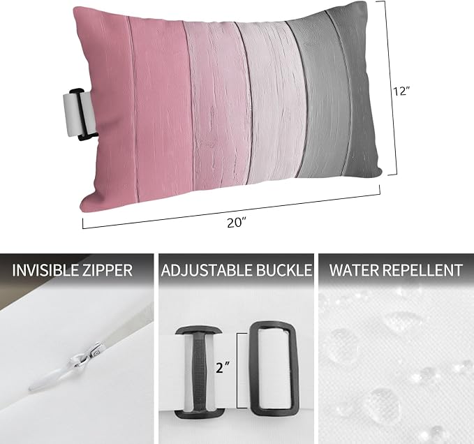 Pink Gray Ombre Outdoor Pillows for Chaise Lounge Chair Waterproof Lumbar Pillows with Insert&Adjustable Strap Beach Headrest Pillow Vintage Country Wooden Recliner Neck Pillow for Patio Pool 12"x20"