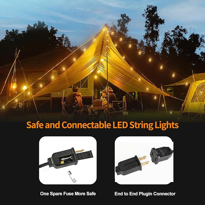 50FT S14 E12 Outdoor String Lights Waterproof Patio 12+1 (1 Spare) bulbs | Outside Hanging Shatterproof S14 E12 LED Light Bulb for Parties Porch Garden Fences Backyard Outdoor Indoor