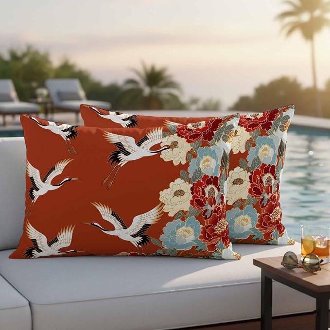 Japanese Style Outdoor Pillow Covers 20x12 Inch Lumbar Pillow Covers Set of 2 Waterproof Decorative Throw Pillow Cases Red Farmhouse Botanical Peony Birds Cushion Covers for Patio Furniture Garden