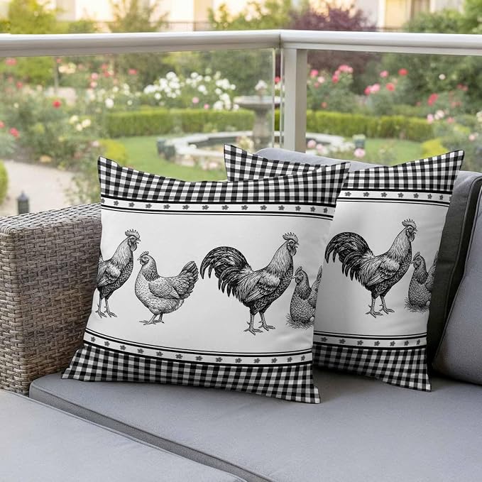 Navy Blue Rooster Outdoor Pillow Covers Waterproof, All Weather Cushion Case Set of 2, Vintage Farmhouse Black Plaid Decorative Pillowcases for Sofa Couch Bed Decor Patio Furniture 16"x16"