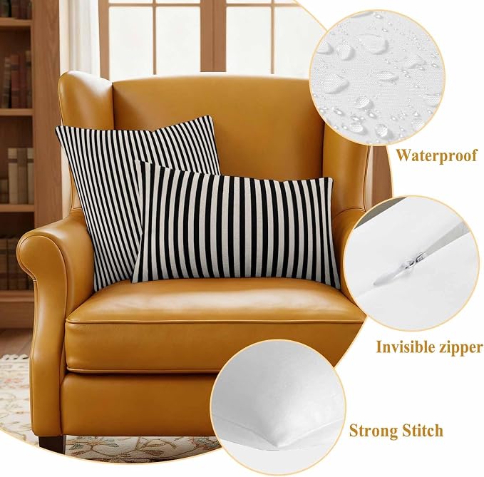 Black Beige Stripe Outdoor Pillow Covers Set of 2 Vintage Abstract Classic Minimalist Vertical Striped Waterproof Throw Pillow Cover Decorative Cushion Cases for Patio Porch Garden 16X16 Inch