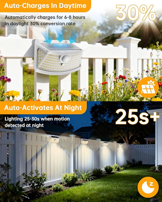 Aootek Solar Motion Sensor Lights Outdoor 120 LEDs, White, 4 Pack | Lights Reflector, 270° Wide Angle, IP65 Waterproof, Step Lights For Front Door, Yard, Garage, Deck