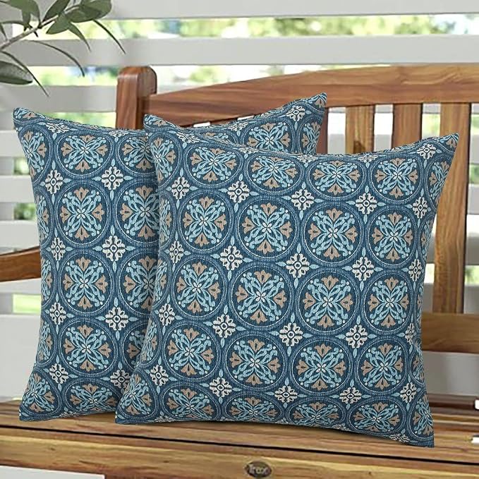 Magpie Fabrcis Pack of 2 Outdoor Waterproof Throw Pillow with Insert 18 x 18 Inch, Christmas Decorative Back Cushion Pad for Garden Patio Tent Balcony Couch Sofa(Morgan Medal Blue)