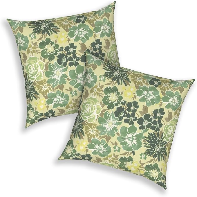 Outdoor 20x20 Inch Pack of 2 Patio Throw Pillow Covers ONLY, Water Repellent Cushion Cases, Square Pillowcases for Outdoor Couch Decoration, Green Rose