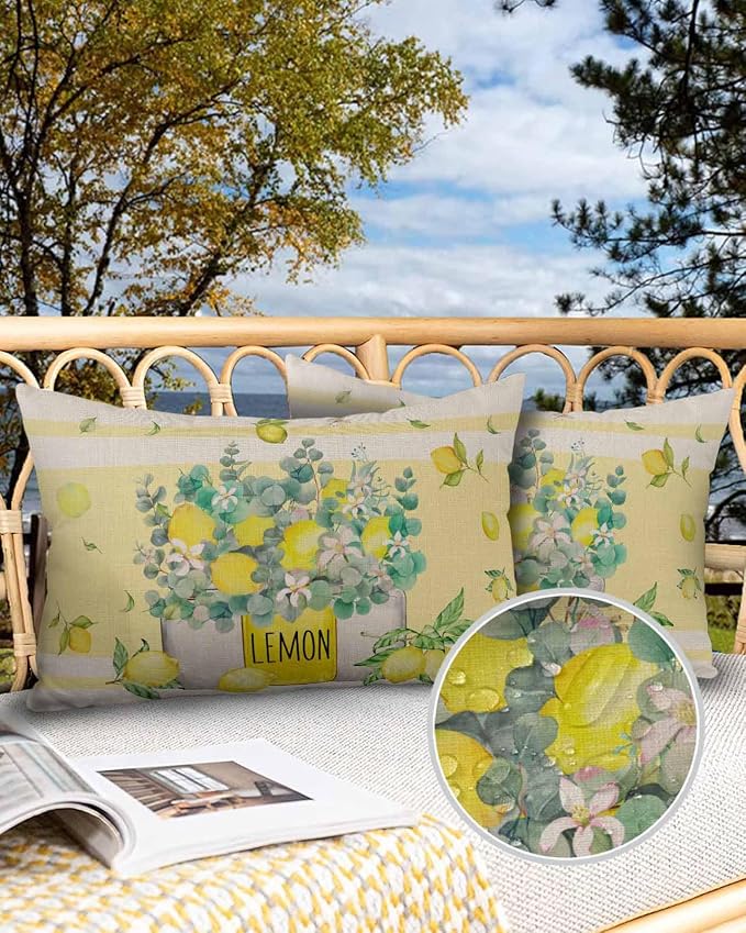 Eucalyptus Leaves Outdoor Pillow Covers Pack of 2, Yellow Stripes Vase Lemon Waterproof Pillow Covers Seasonal Spring Summer Throw Pillowcase for Patio Funiture Garden Tent, 12 x 20 inch