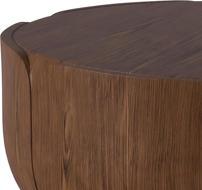 36" Round Outdoor Coffee Table Brown Waterproof Sturdy MGO Wood Texture Grain Drum Center Table for Patio Garden Backyard Living Room, No-Assembly