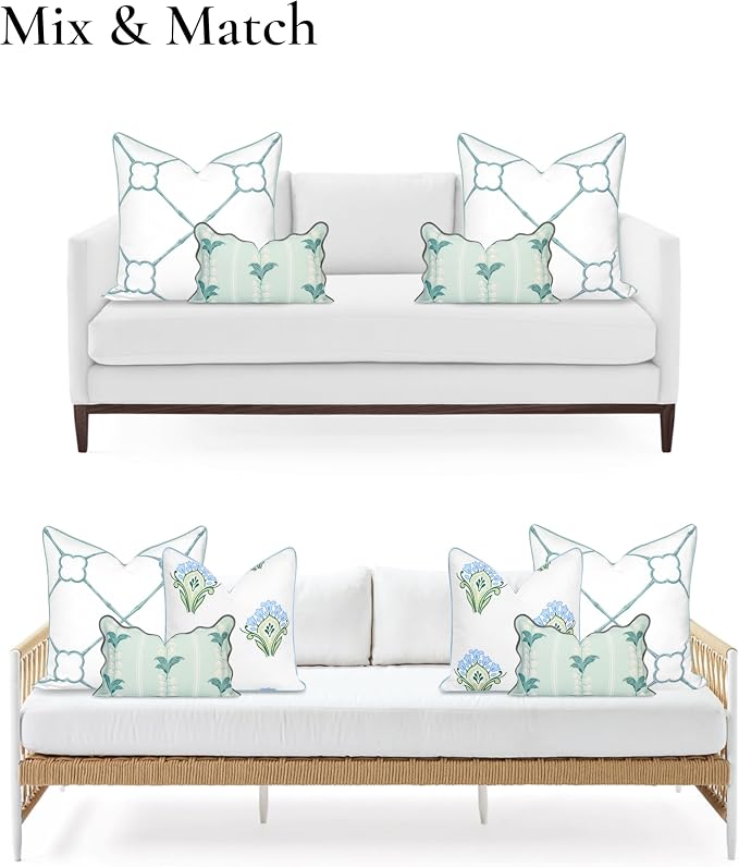 Hofdeco Premium Coastal Hampton Patio Indoor Outdoor Lumbar Pillow Cover Only, 12"x20" Water Repellent for Backyard, Couch, Poolside, Pale Forest Green Print Watercolor Striped Lily of the Valley