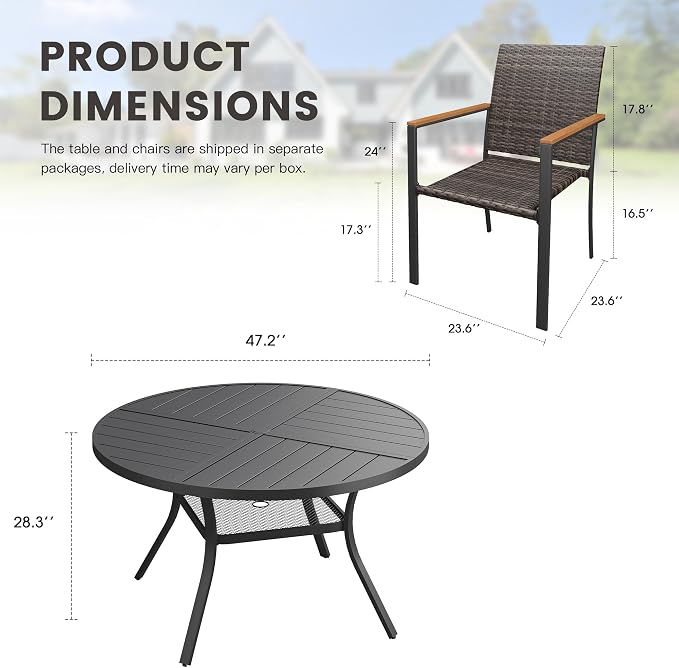 Round Patio Dining Set for 6, Outdoor Furniture Set of 47.2" Round Metal Table with Umbrella Hole and Stackable Wicker Patio Chairs for Backyard Lawn Garden, Walnut Chairs, Black Table