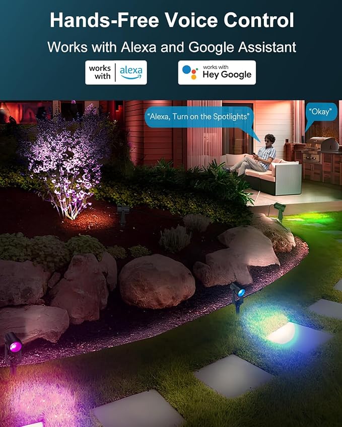 Spotlight Outdoor Smart Low Voltage Landscape Lights, 6 Pack | IP65 Waterproof, RGBW Color Changing, For Yard Garden, 54Ft