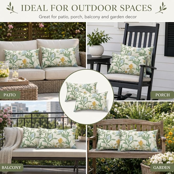 Pack of 2 Patio Lumbar Pillows 12"x20" | Fade Resistant Outdoor Waterproof Lumbar Pillow with Inners Decorative Garden Lumbar Cushions for Home Patio Terrace Sofa